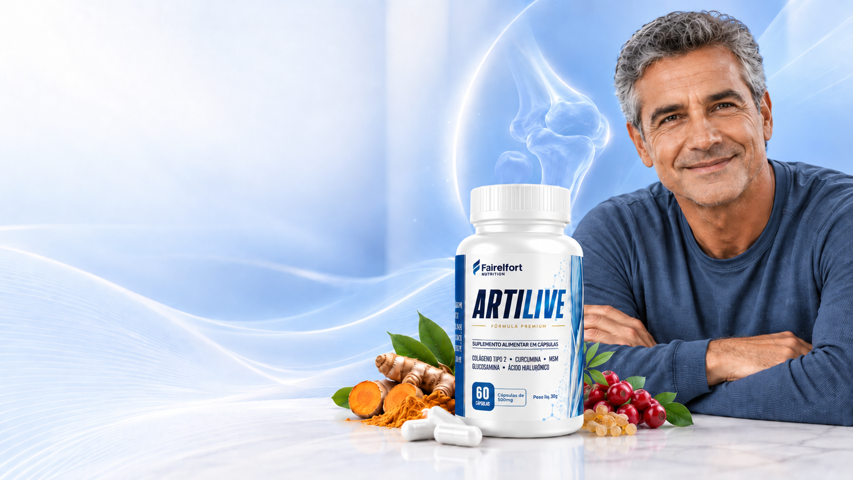 Homem ativo ao lado do frasco ARTILIVE com cúrcuma e cápsulas