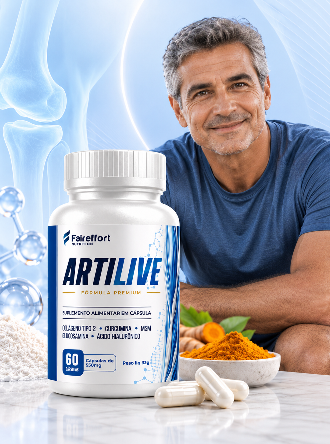 Homem ativo ao lado do frasco ARTILIVE com cúrcuma e cápsulas