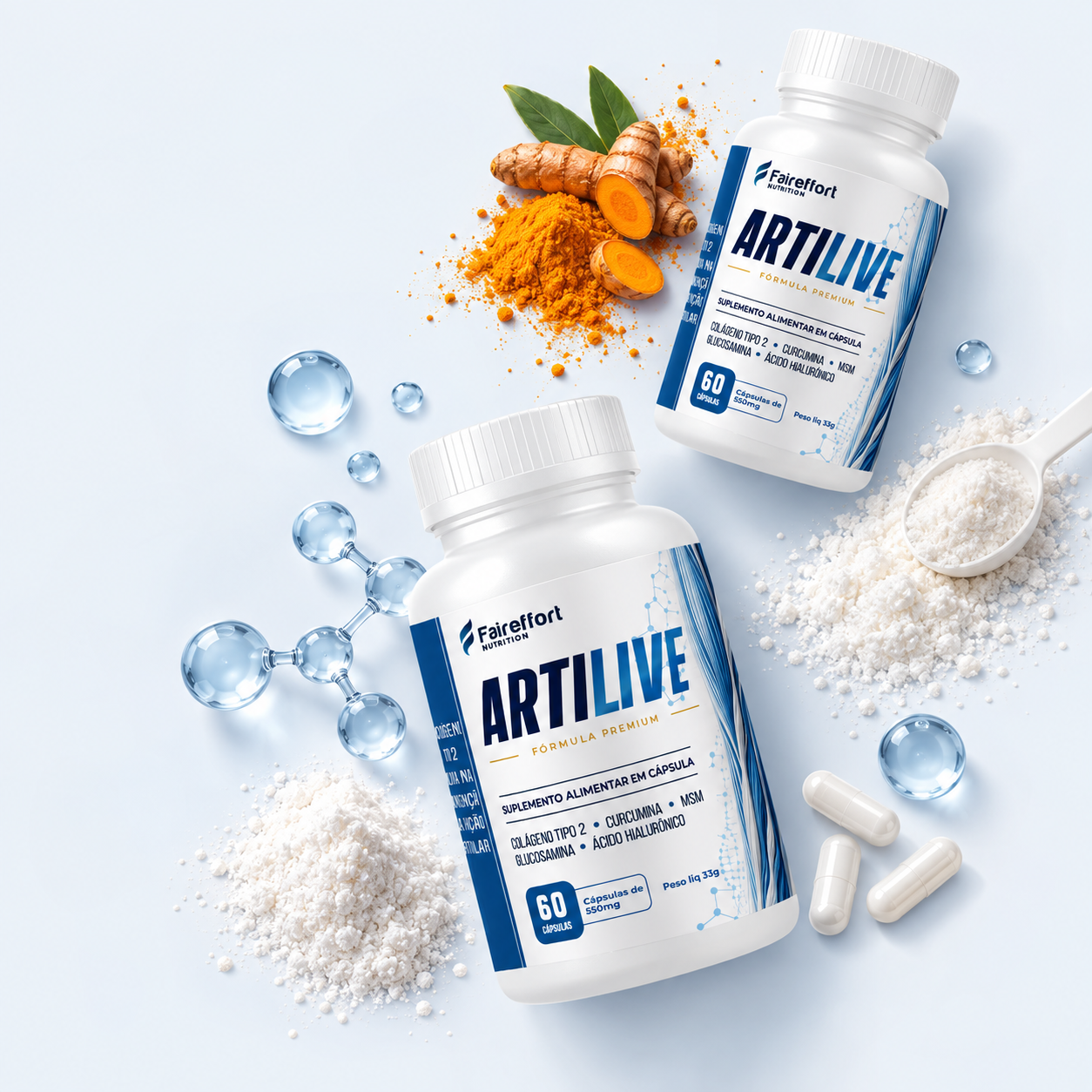Frascos ARTILIVE com cúrcuma, cápsulas e os ingredientes da fórmula